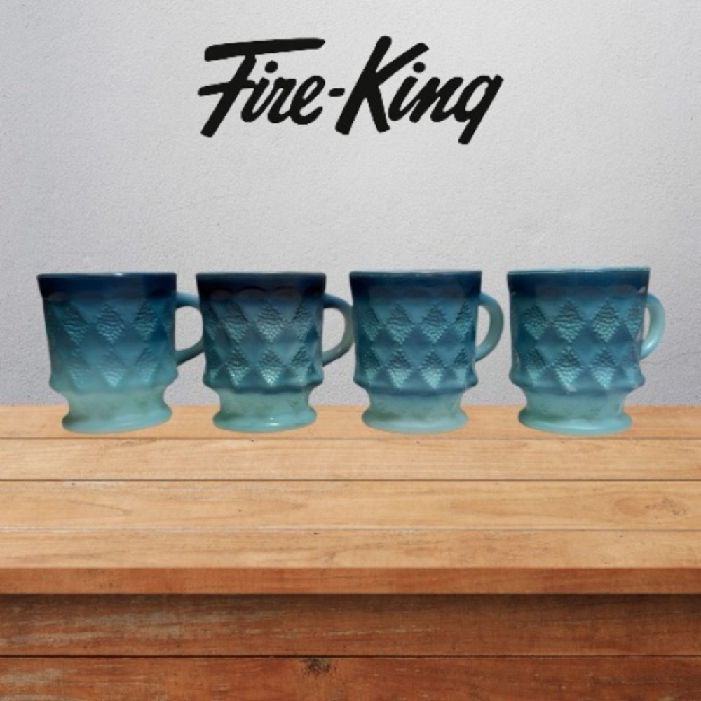 Anchor Hocking Fire-King Blue Kimberly Diamond Set of 4 Mugs